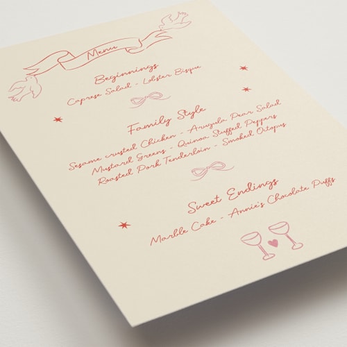 This is a peach menu cards with standard by Helena Vitto called the bird song printing on signature in 5x7