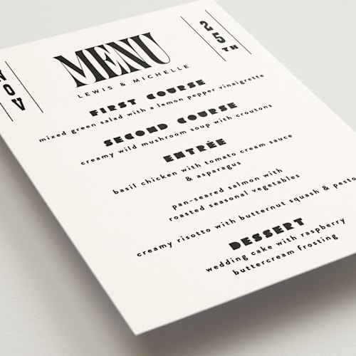 This is a noir menu cards with standard by Alethea and Ruth called bold stack printing on signature in 5x7