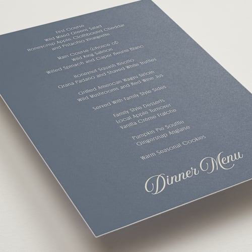 This is a french blue menu cards with standard by Nicoletta Savod called ritzy printing on signature in 5x7
