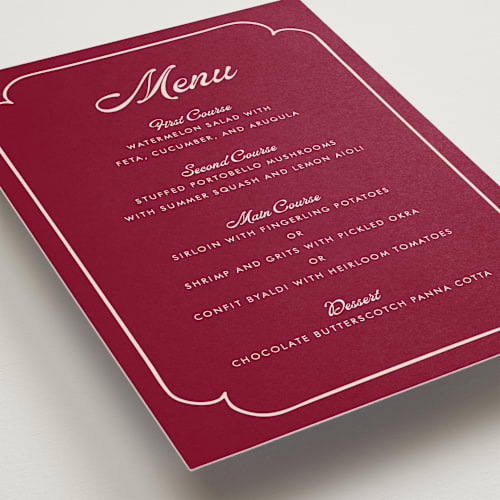 This is a garnet menu cards with standard by Morgan Kendall called victorian chic printing on signature in 5x7