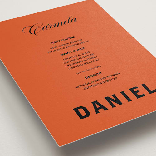 This is a amaro menu cards with standard by Claire called bold and demure printing on signature in 5x7