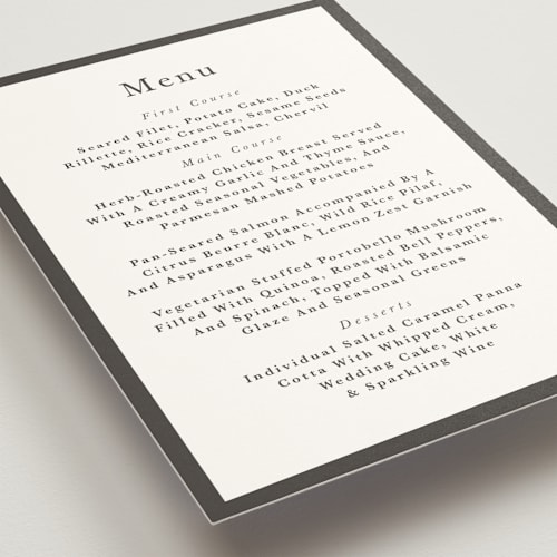This is a charcoal menu cards with standard by Lori Wemple called monogram square printing on signature in 5x7