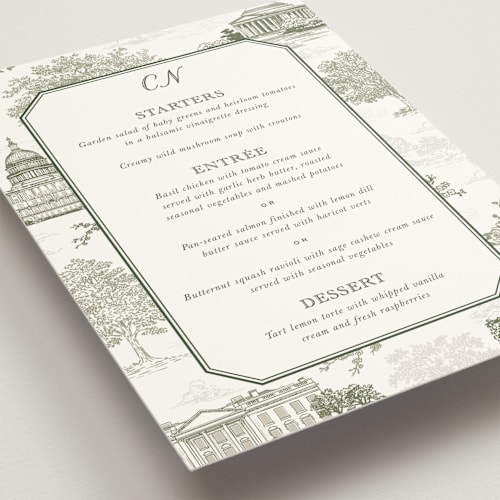 This is a olive menu cards with standard by Jenna Holcomb called washington dc toile printing on signature in standard