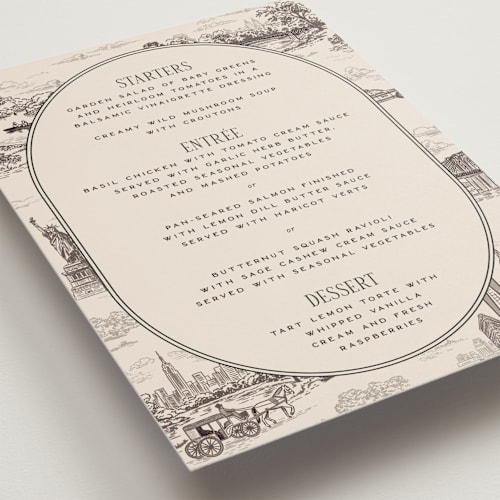 This is a antique menu cards with standard by Jenna Holcomb called new york toile printing on signature in standard