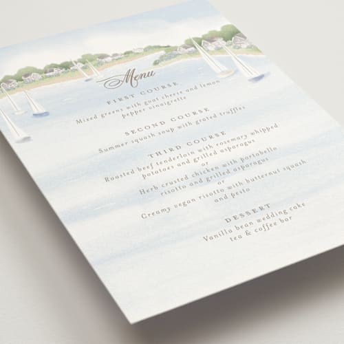 This is a aqua menu cards with standard by Jennifer Wick called bristol printing on signature in standard