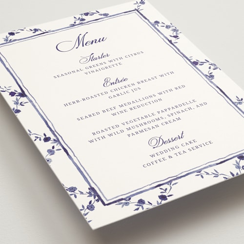 This is a plum menu cards with standard by Cass Loh called blooming crest printing on signature in standard