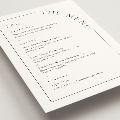 This is a tuxedo menu cards with standard by Adelyn T. called side arch printing on signature in standard