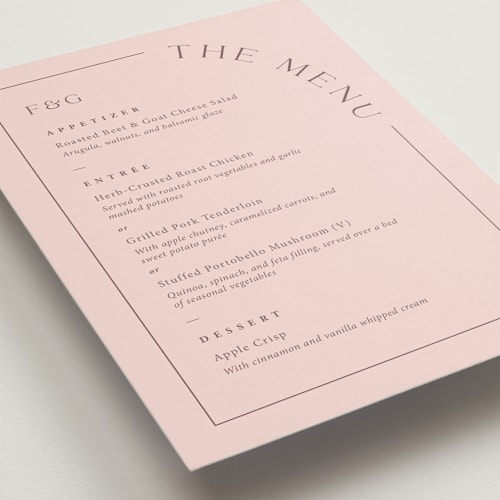 This is a dusty rose menu cards with standard by Adelyn T. called side arch printing on signature in standard