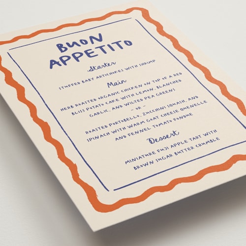 This is a tomato menu cards with standard by Carmia Jordaan called italian whimsy printing on signature in standard