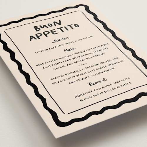 This is a ink menu cards with standard by Carmia Jordaan called italian whimsy printing on signature in standard