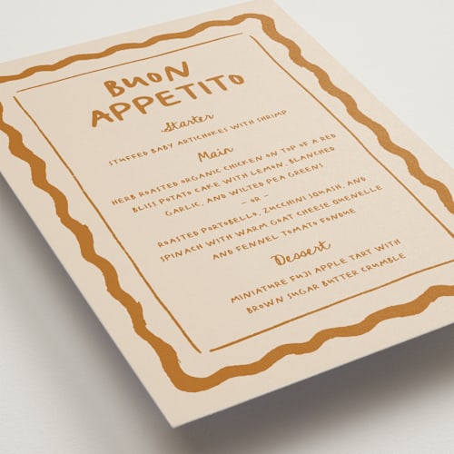 This is a caramel menu cards with standard by Carmia Jordaan called italian whimsy printing on signature in standard