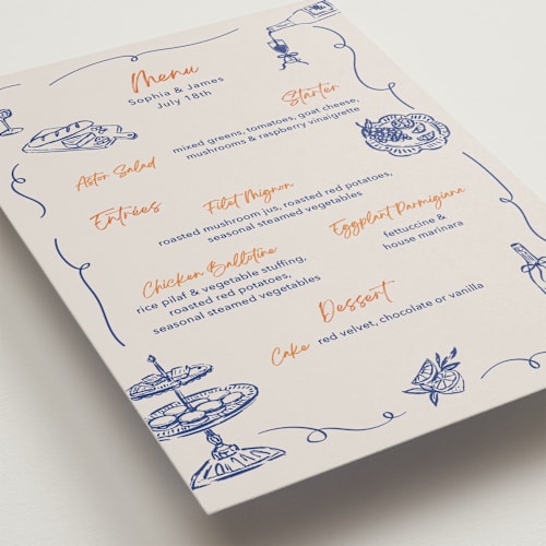 This is a blueberry menu cards with standard by Elly called bon appetit printing on signature in standard