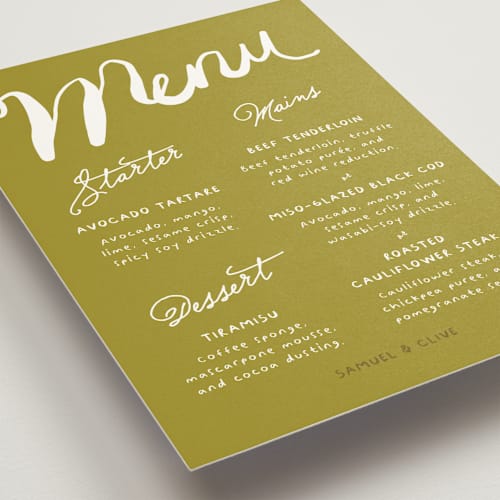 This is a avocado menu cards with standard by Inkblot Design called nonchalant printing on signature in standard