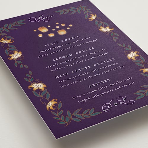 This is a twilight menu cards with standard by Simona Camp called disney's tangled lanterns printing on signature in standard