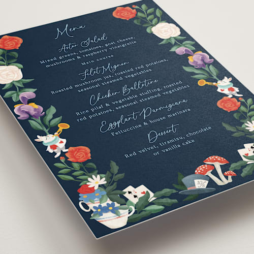 This is a evening menu cards with standard by Elly called disney's alice in wonderland garden tea party printing on signature in standard