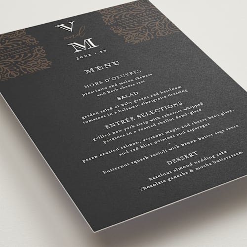 This is a dark chocolate menu cards with standard by Laura Bolter called eternal love printing on signature in standard