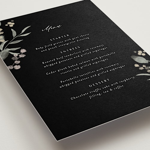 This is a noir menu cards with standard by Jennifer Wick called enchanted fields printing on signature in standard