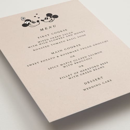This is a retro menu cards with standard by Sumak Studio called disney's retro mickey mouse and minnie mouse printing on signature in standard
