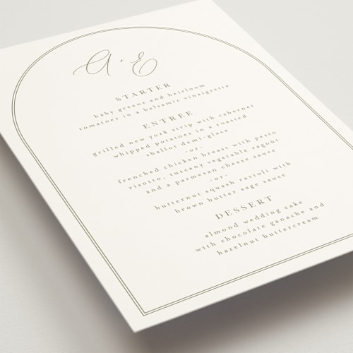 This is a olive menu cards with standard by Kristie Kern called amelia printing on signature in standard