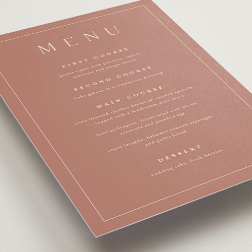 This is a dusty rose menu cards with standard by Stacey Meacham called warm affection printing on signature in 5x7