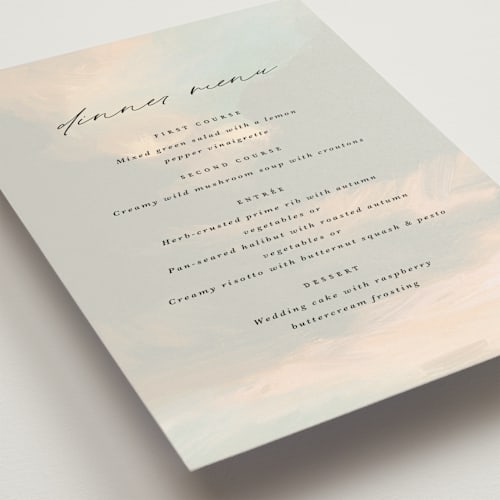 This is a dove menu cards with standard by Olivia Kanaley Inman called daybreak printing on signature in standard