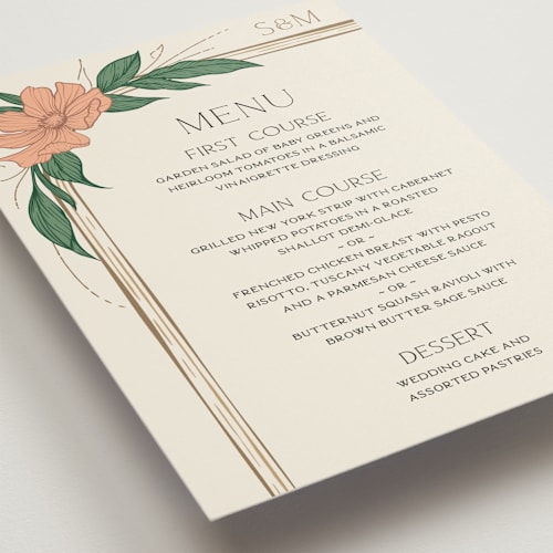 This is a almond menu cards with standard by GeekInk Design called charming printing on signature in standard