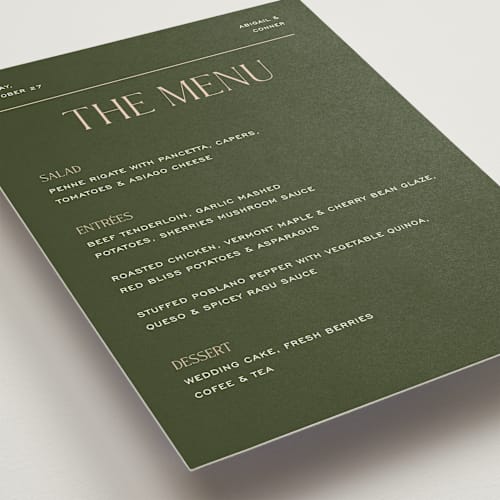 This is a olive menu cards with standard by Pixel and Hank called martini printing on signature in standard