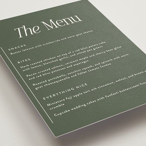 This is a forest menu cards with standard by Jackie Crawford called highlights printing on signature in standard