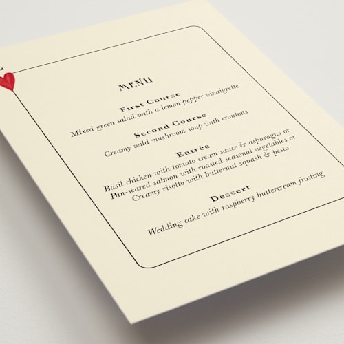 This is a champagne menu cards with standard by Helena Vitto called red hearts printing on signature in standard