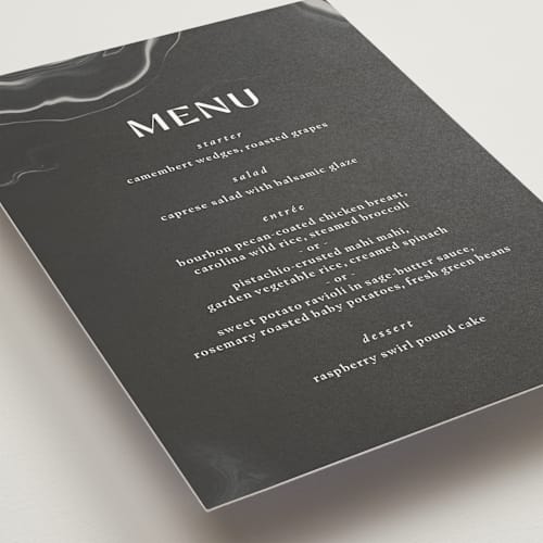 This is a iron menu cards with standard by Kimberley Henze called marbled agate printing on signature in standard