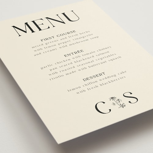 This is a cream menu cards with standard by Baumbirdy called floral emblem printing on signature in standard