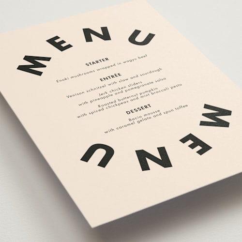 This is a almond menu cards with standard by Catherine Culvenor called bubblegum printing on signature in standard