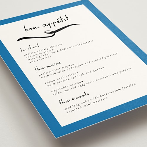This is a cobalt menu cards with standard by mo kelley called swirl frame printing on signature in standard