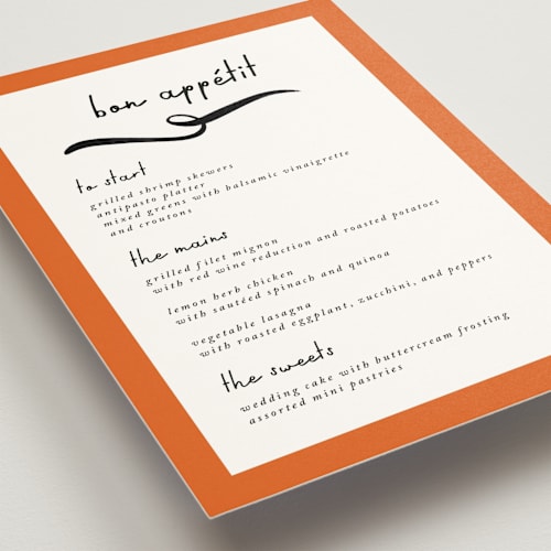 This is a peach menu cards with standard by mo kelley called swirl frame printing on signature in standard