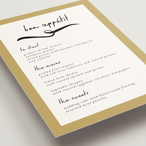 This is a butterscotch menu cards with standard by mo kelley called swirl frame printing on signature in standard