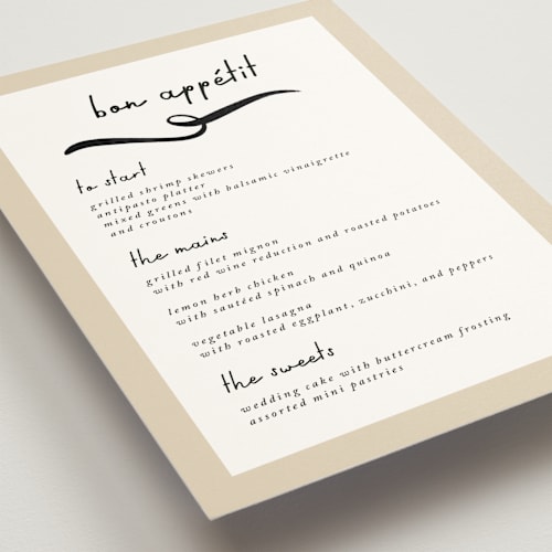 This is a champagne menu cards with standard by mo kelley called swirl frame printing on signature in standard