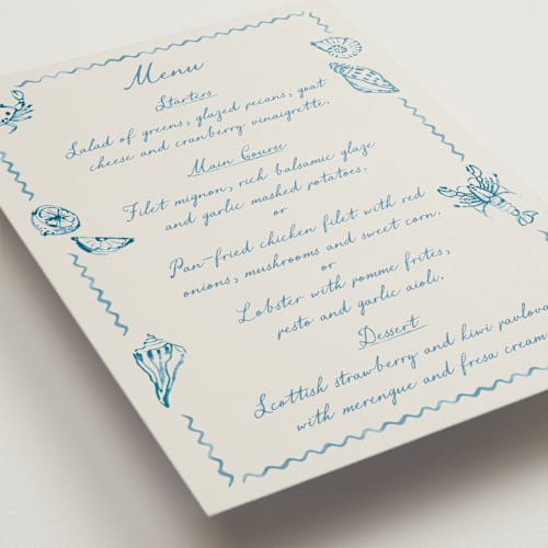 This is a ocean menu cards with standard by Pati Cascino called puglia printing on signature in 5x7