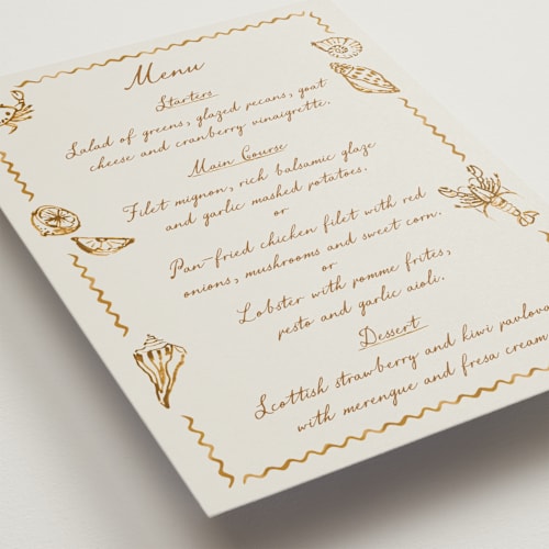 This is a sand menu cards with standard by Pati Cascino called puglia printing on signature in 5x7