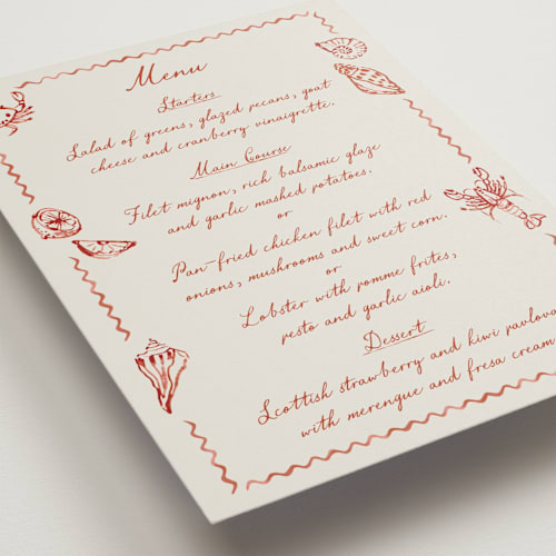 This is a coral menu cards with standard by Pati Cascino called puglia printing on signature in 5x7