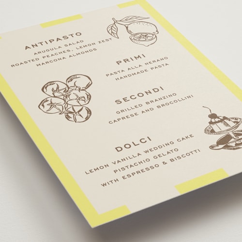 This is a limone menu cards with standard by Megan Davis called campania printing on signature in 5x7
