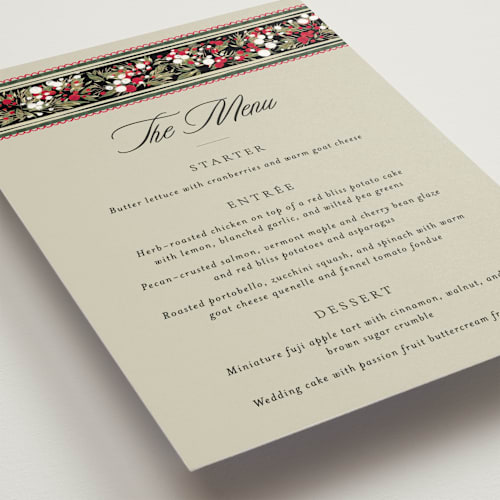 This is a ruby menu cards with standard by Jackie Crawford called holiday ribbon printing on signature in 5x7