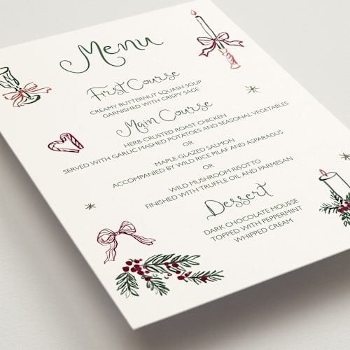 This is a enchanted holiday menu cards with standard by Cass Loh called holidays ink doodles printing on signature in 5x7