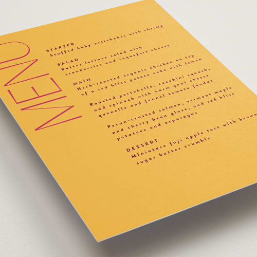 This is a caliente menu cards with standard by Owl and Toad called amor printing on signature in standard