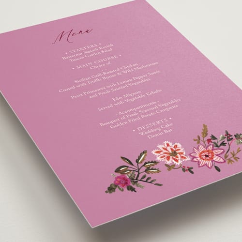 This is a ivory menu cards with standard by Caroline Bonne Muller called indian floral chintz lush printing on signature in standard