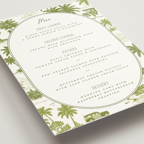 This is a palm menu cards with standard by Jenna Holcomb called west coast toile printing on signature in standard