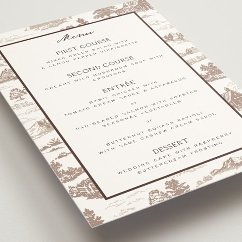 This is a leather menu cards with standard by Jenna Holcomb called mountain ranch toile printing on signature in standard