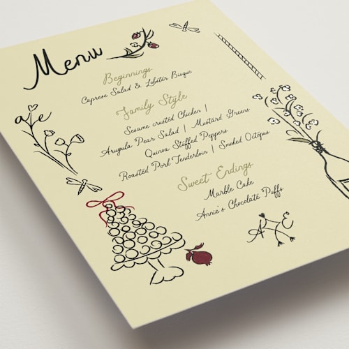 This is a oat menu cards with standard by Helena Vitto called love rests in a garden printing on signature in 5x7