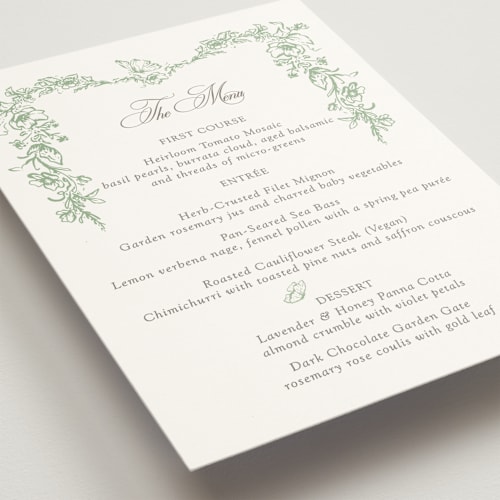 This is a mint menu cards with standard by Melinda Denison called romantic garden printing on signature in standard