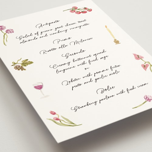 This is a deep blush menu cards with standard by Pati Cascino called barolo printing on signature in standard