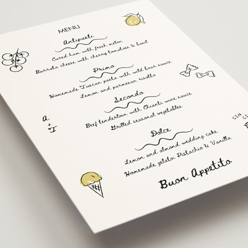 This is a nero menu cards with standard by Helena Vitto called amore mio printing on signature in standard